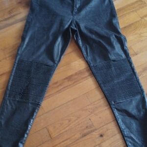Black Faux Leather Pants with Ribbed Detail